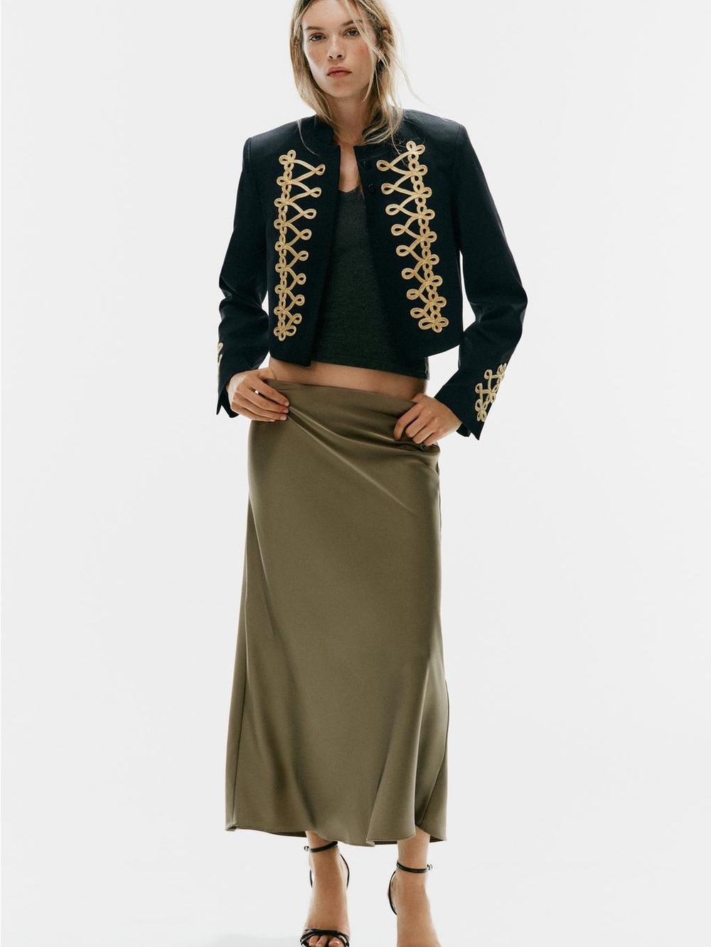 Zara Olive Satin Maxi Skirt